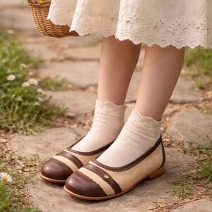 Enzo Carisi Scalloped Flats Italian Leather Brown Tan Canvas NWOT Girl EU31 US13